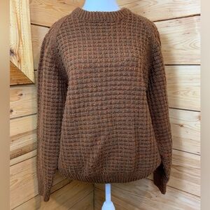Vintage Hand knit Retro Brown Cotton Fisherman Nordic Sweater Handmade Large XL